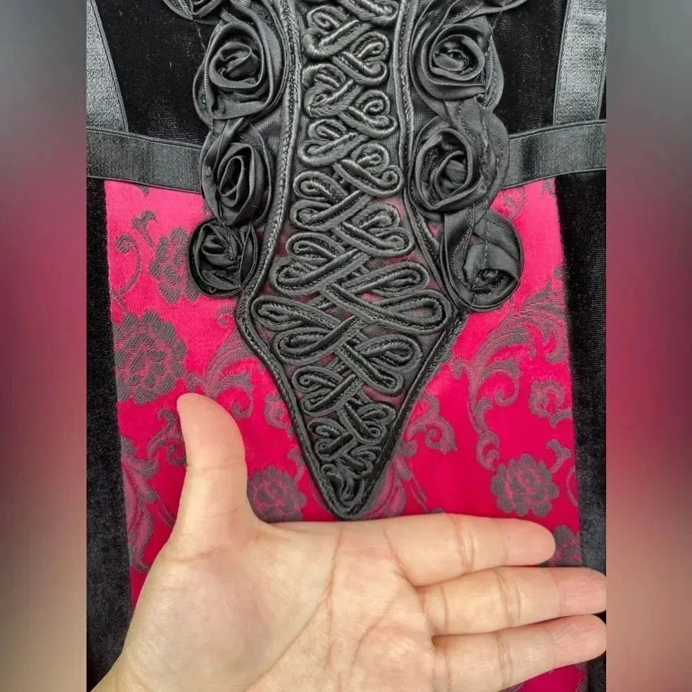 Cykxtees Sleeveless Maxi Dress Velvet Red Brocade VINTAGE 90's Y2K XL Black - Image 9