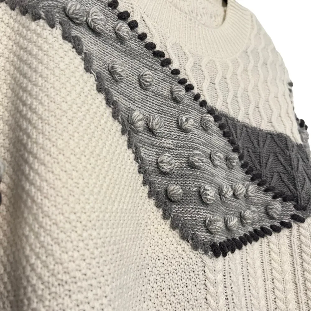 Vintage Grandpa Sweater 3D Cable Knit Cream Gray Black Medium Chunky‎ Patchwork - Image 4