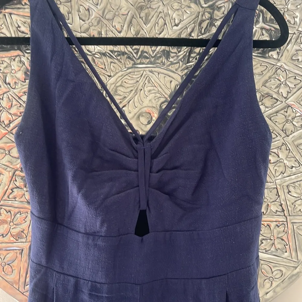 ANRABESS Wide Leg Linen blend Jumpsuit Dressy V Neck romper size Medium Blue - Image 6