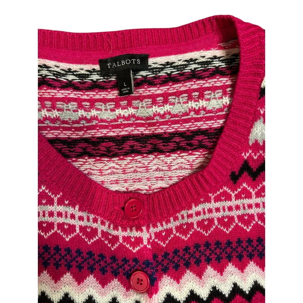 TALBOTS Pink Red Fairisle Fair Isle Nordic Cardigan Long Sleeve Sweater Sz LARGE - Image 3