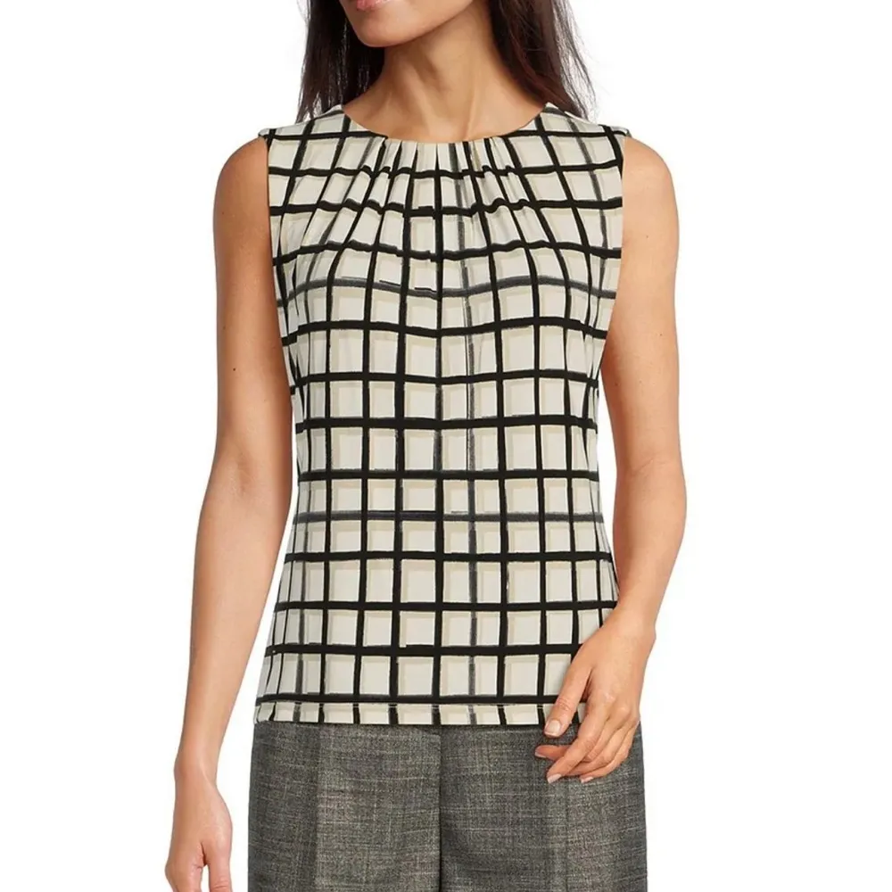 CalvinKlein Knit Checkered Pleated Crew Neck Sleeveless Top，Sz M - Image 4