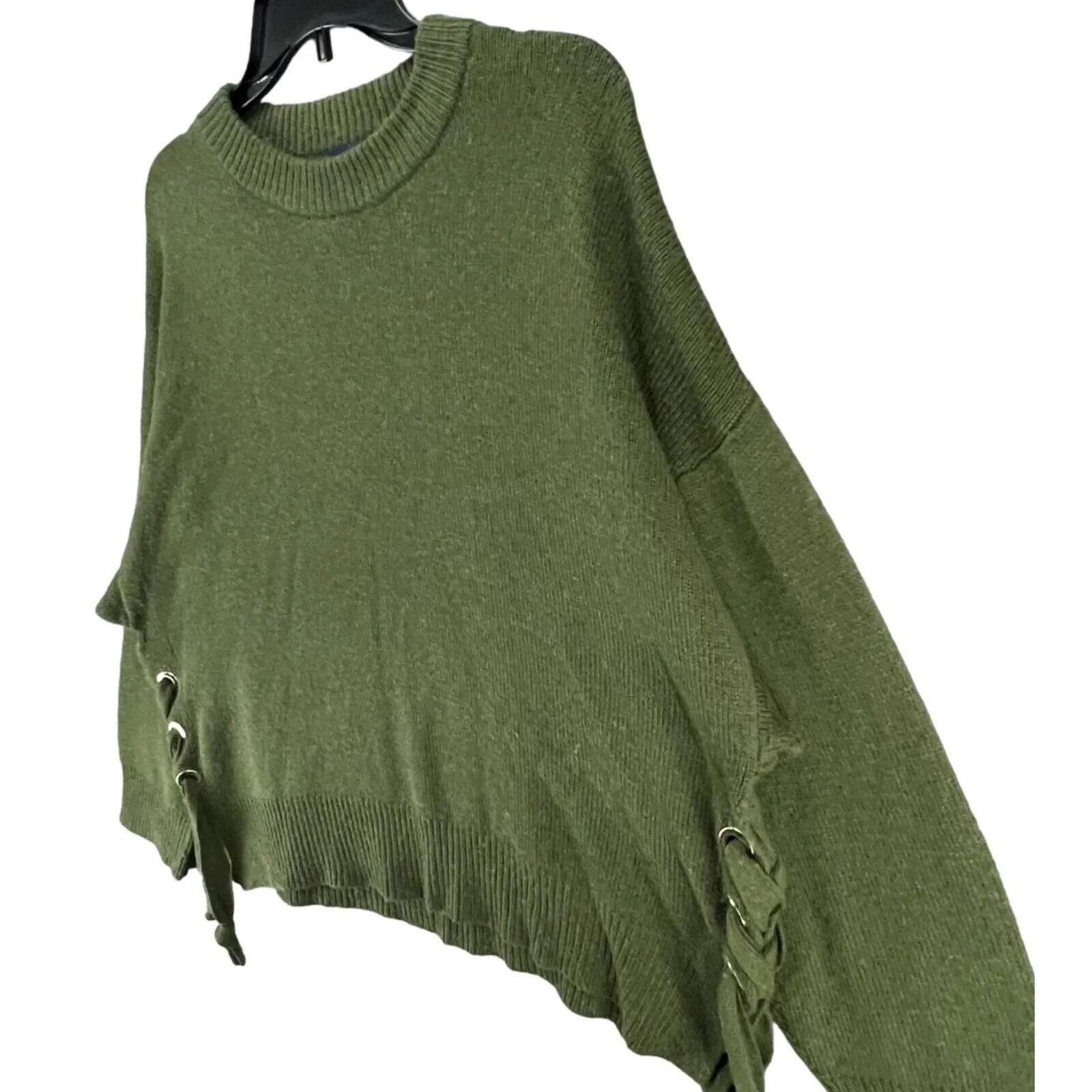 Saks Fifth Avenue Sweater Medium Green Merino Wool Cashmere Fuzzy Lace Up Cozy - Image 3