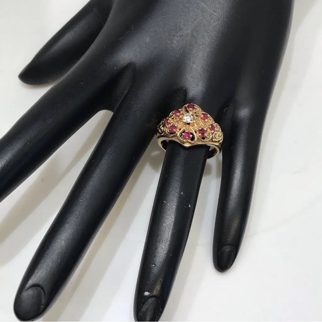 10K SOLID YELLOW GOLD GENUINE DIAMOND AND RUBY FILAGREE RING (6.75) Red - Image 4