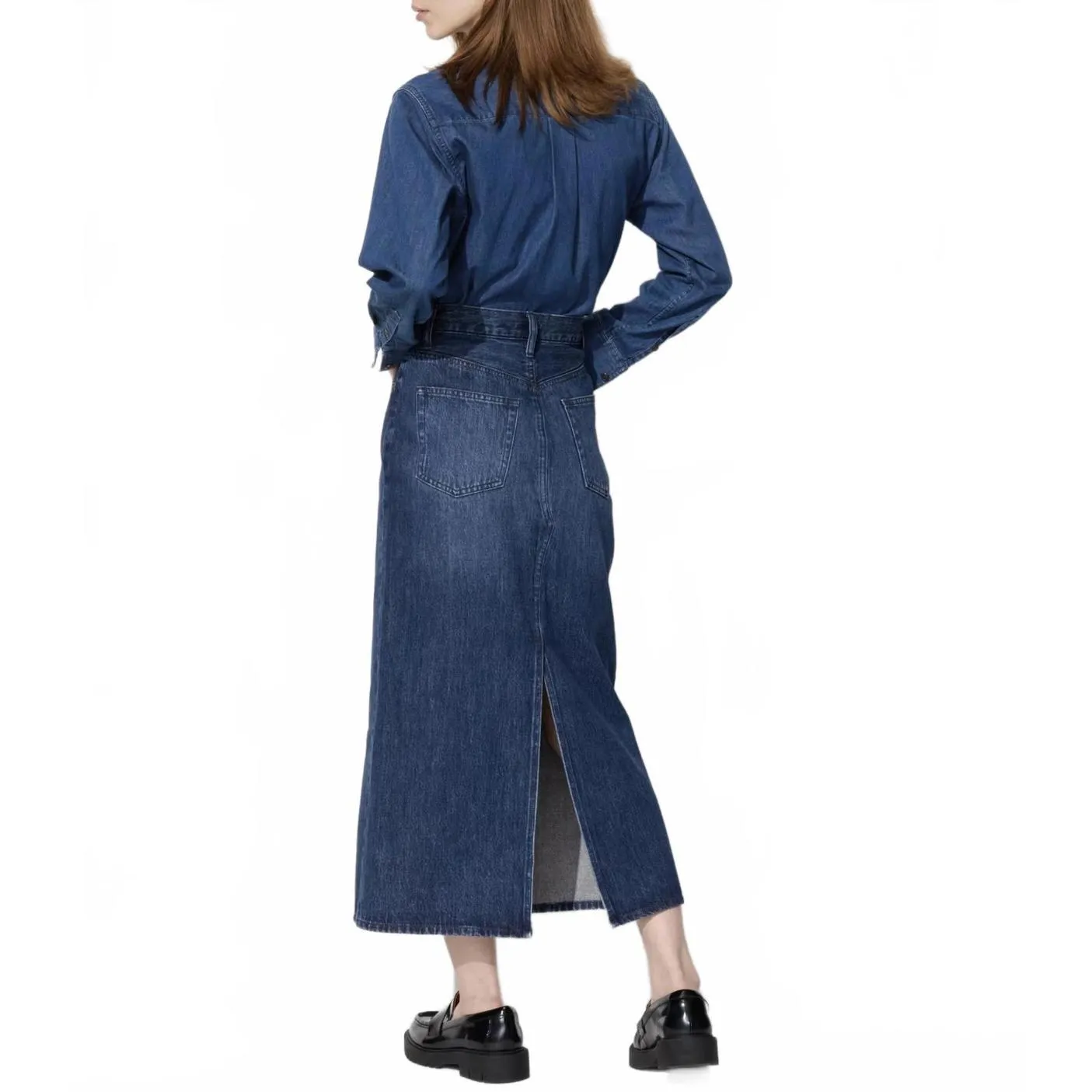 Uniqlo Denim Panel Back Slit Midi Skirt Blue NWT Size 0 - Image 2