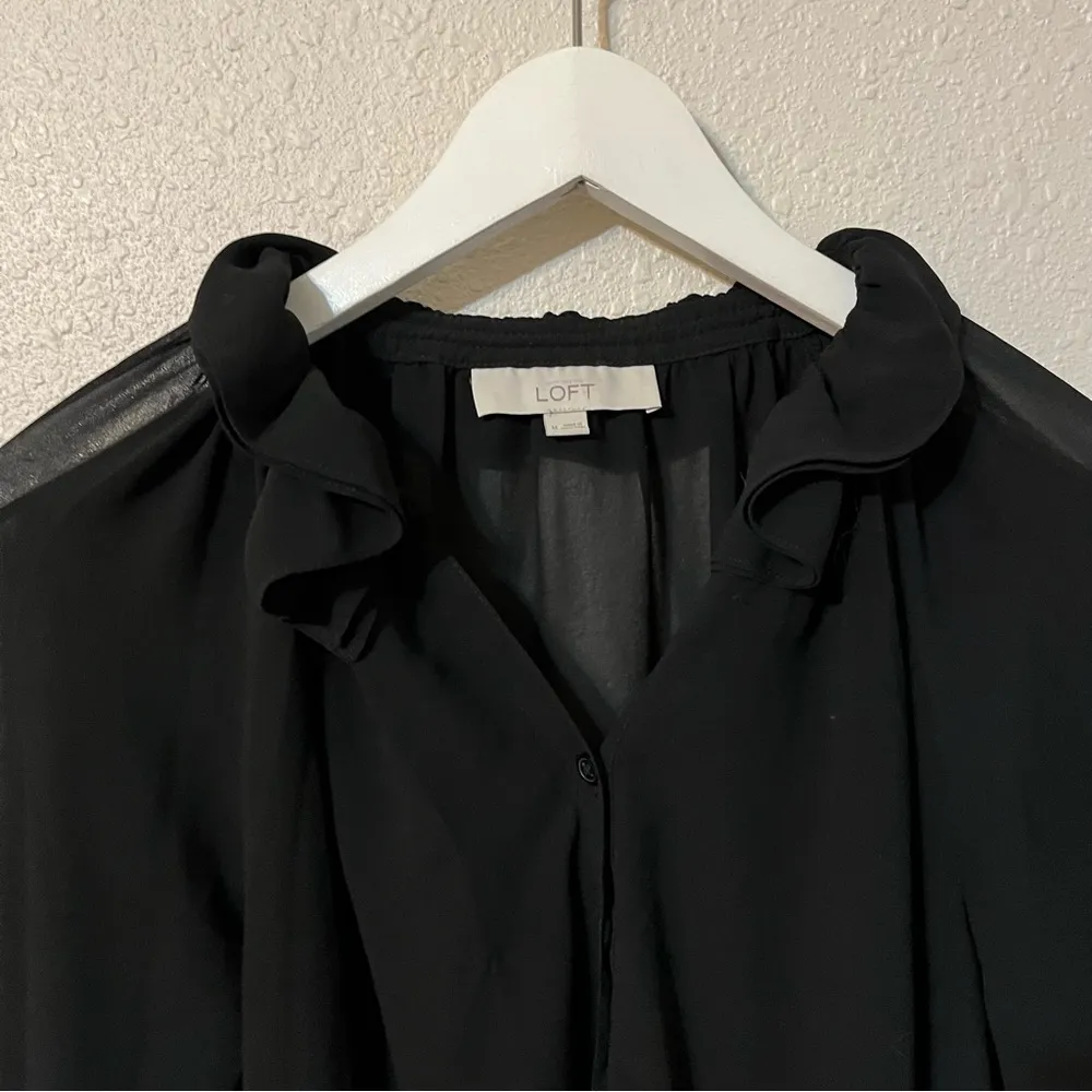 LOFT Ruffle High Neck 3/4 Sleeve Top Size M Button Down Black Sheer‎ - Image 6