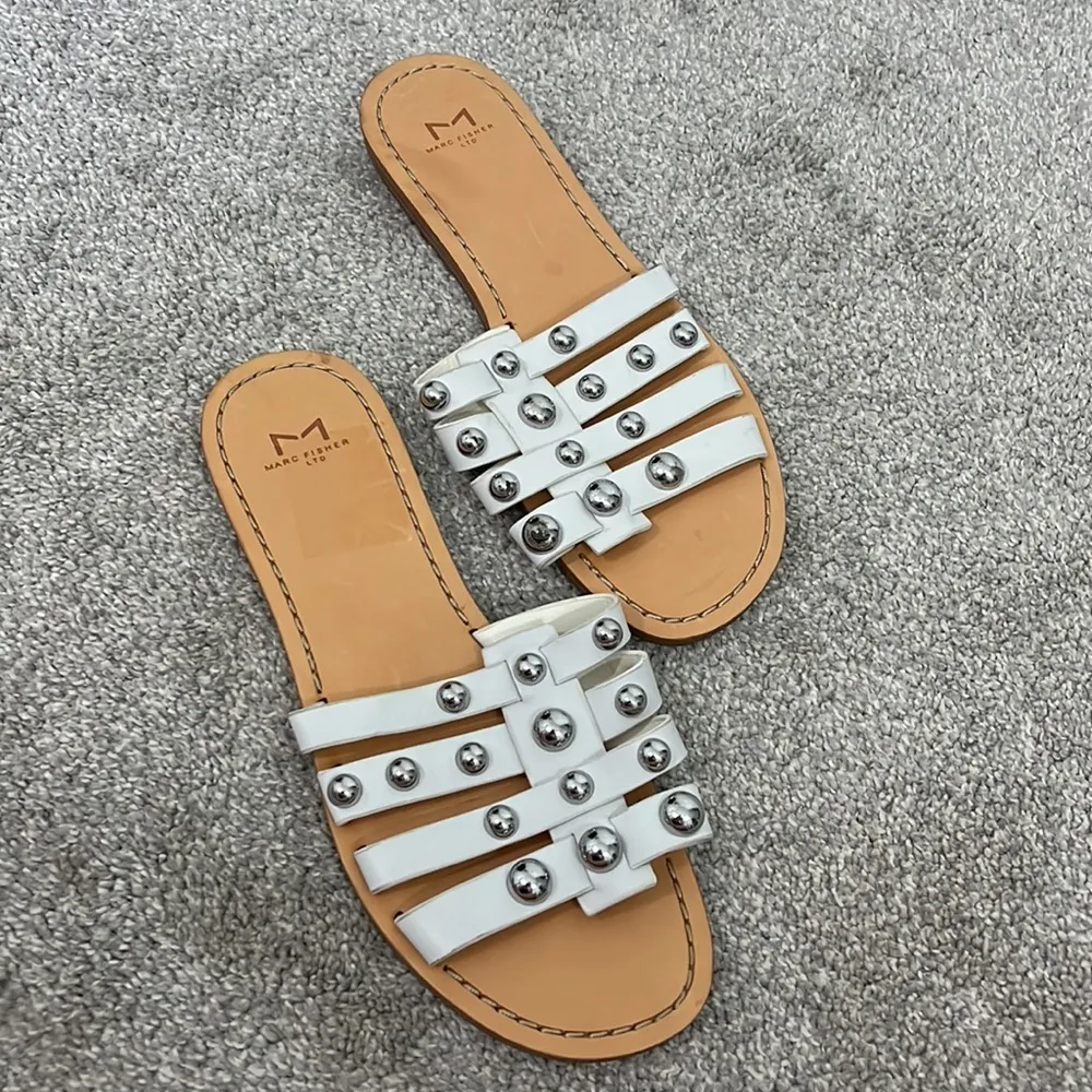 Marc Fisher Tan and White Studded Slide Leather Pava Sandal Flats - Image 2