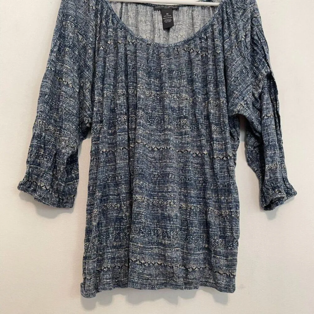 CHELSEA & THEODORE Plus Size Blue Cream Aztec Tribal 3/4 Sleeve Peasant Blouse - Image 3