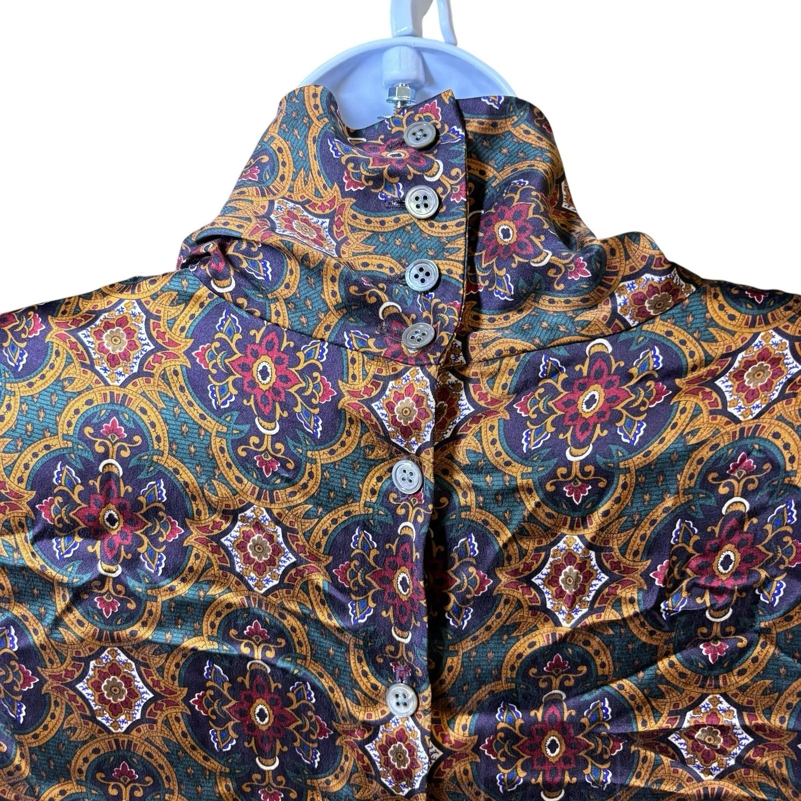 Classiques Entier Floral Silk Top Back Buttons Mock Neck Long Sleeve VTG Large*‎ - Image 3