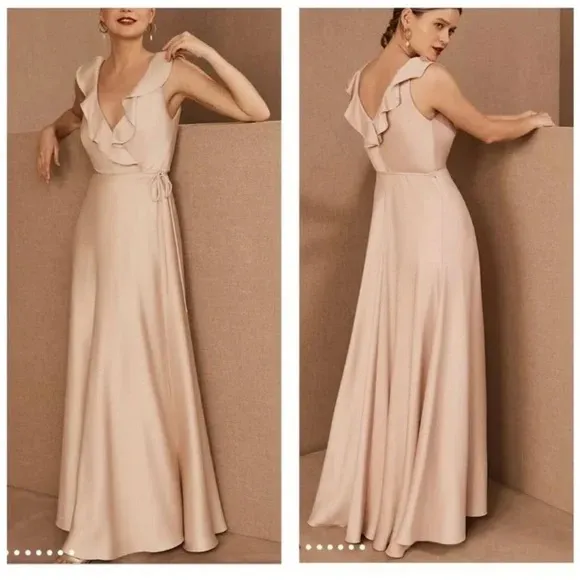 BHLDN Anthropologie Nude Pink Tansy Satin Charmeuse Ruffle Maxi Dress - Image 2