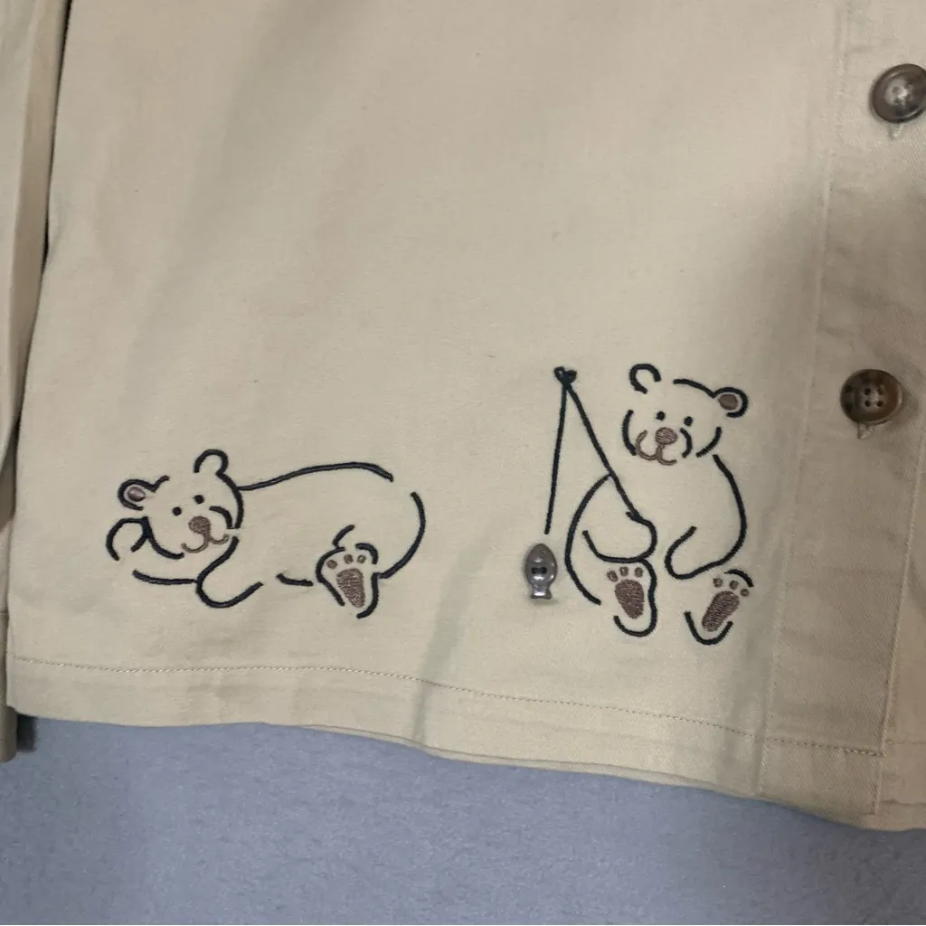 Christopher & Banks Khaki Button-Up Shirt Bear Embroidery Size Med - Image 5