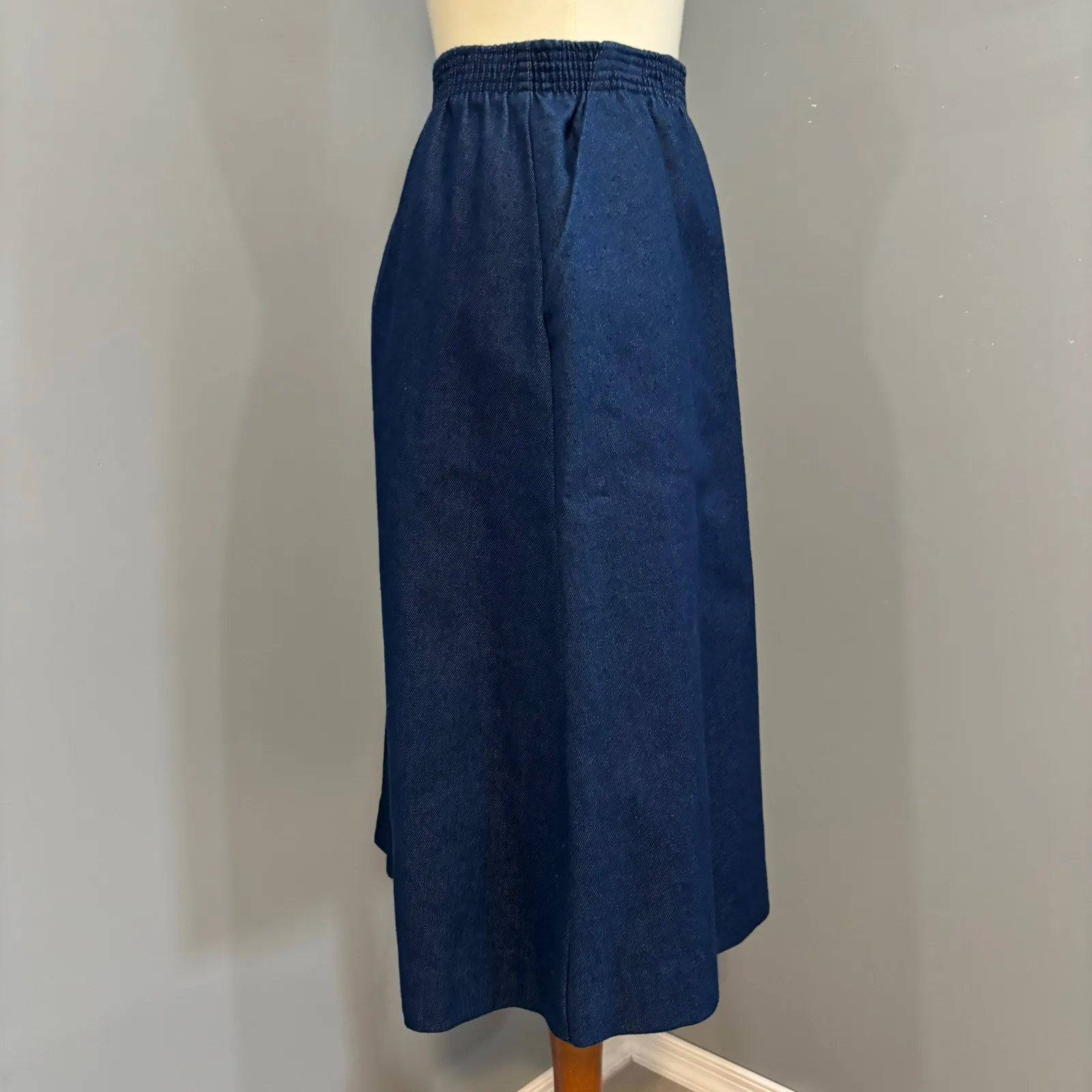 VTG 90s Dark Wash Denim A-Line Midi Skirt Button Elastic Waist, Women's Size 16 - Image 4