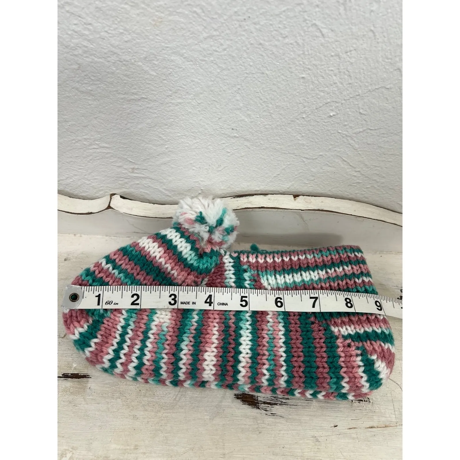 NEW Handmade Knit Slippers Pom Pom Striped Pink Green‎ White Cozy House Shoes 9" Size 7 - Image 7