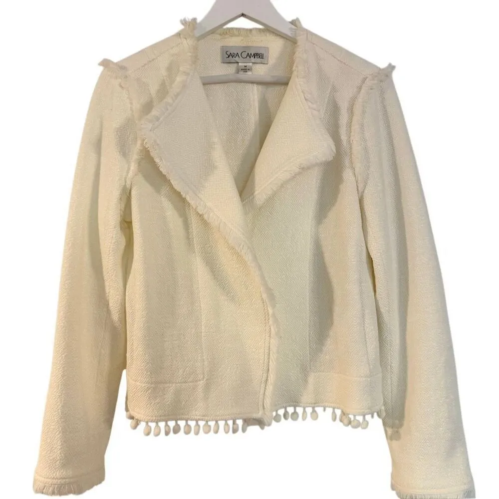 Sara Campbell white fringe drape front Pom trim jacket M Size M - Image 2