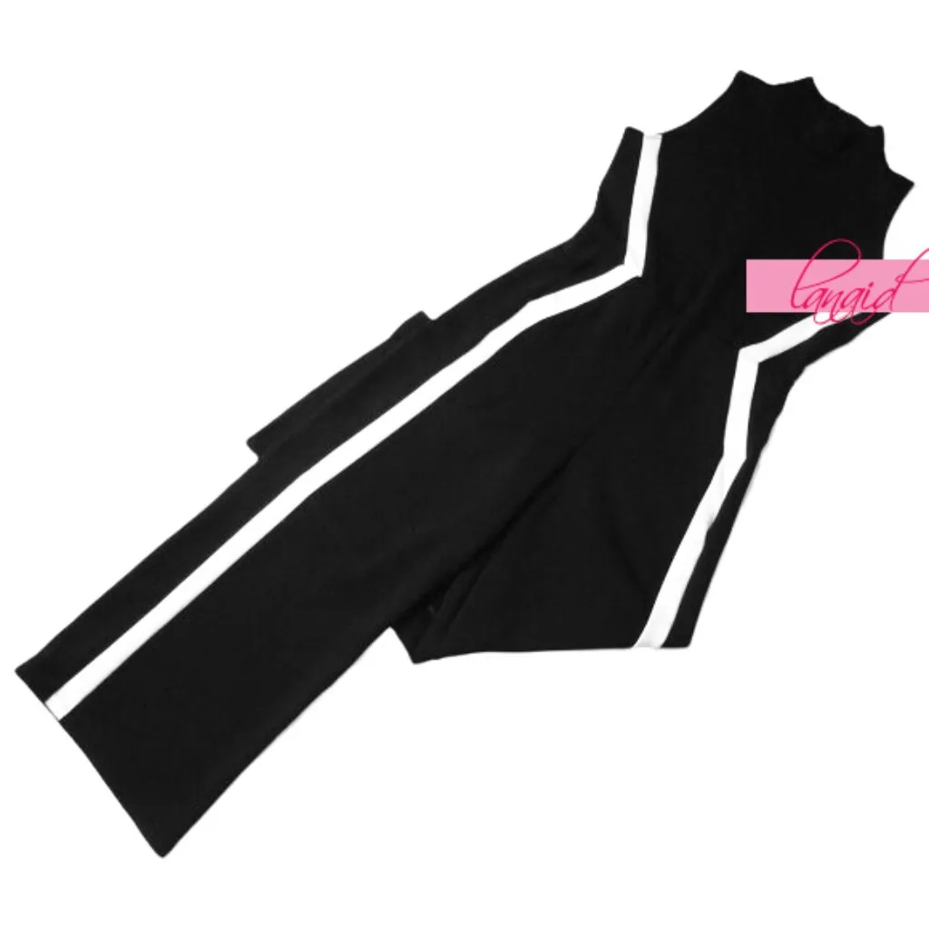 Spanx AirEssentials Mock Neck Striped Track Jumpsuit Very Black Wide Leg Romper - Image 9