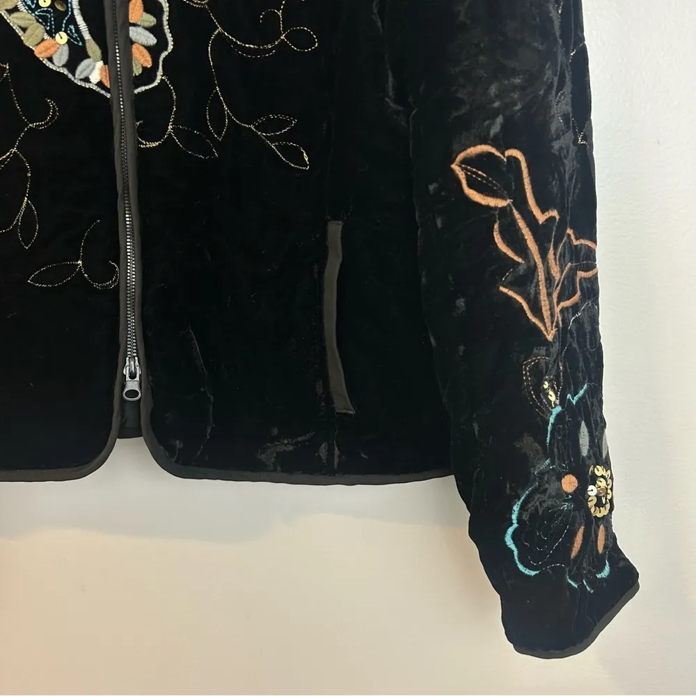 Harve Benard Black Velvet Embroidered & Sequin Zip Up High Neck Jacket Size 10 - Image 5