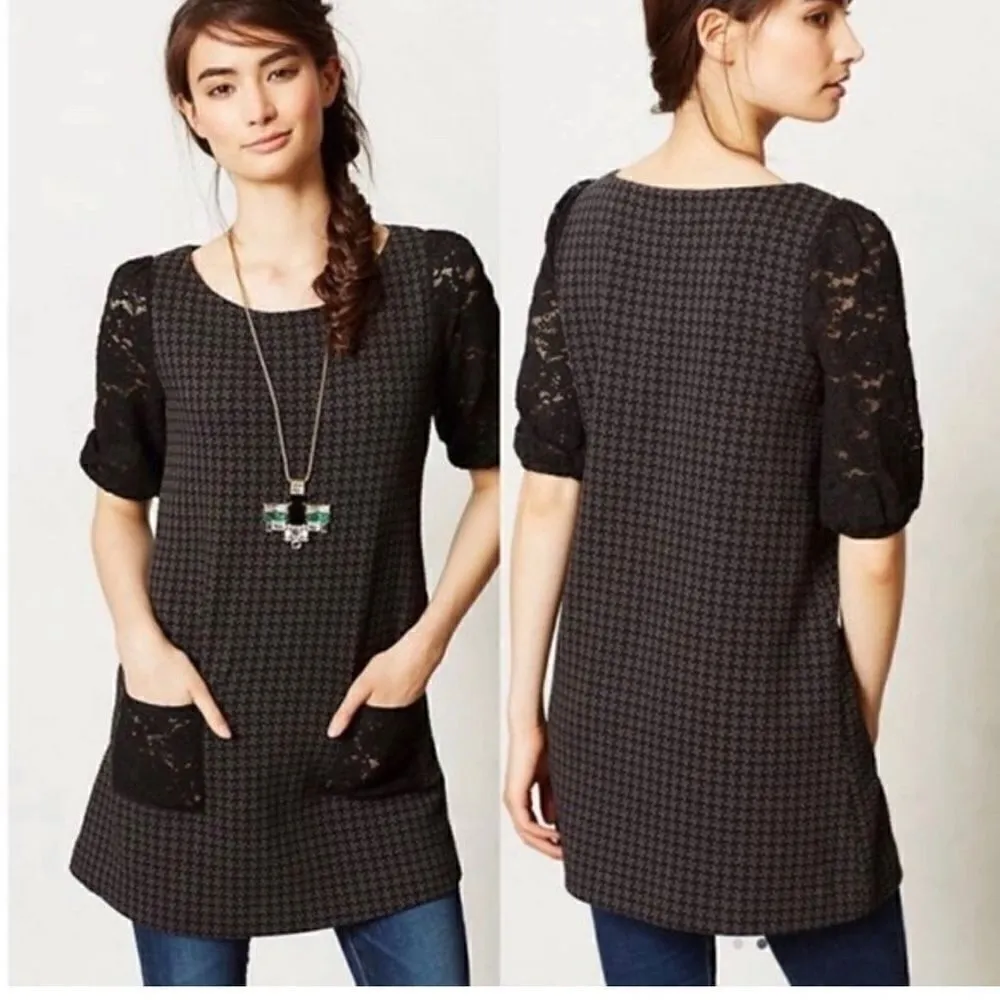 Anthropologie Postcard Knit Tunic/ short  Dress XS Black Gray Lace Sleeves - Image 2