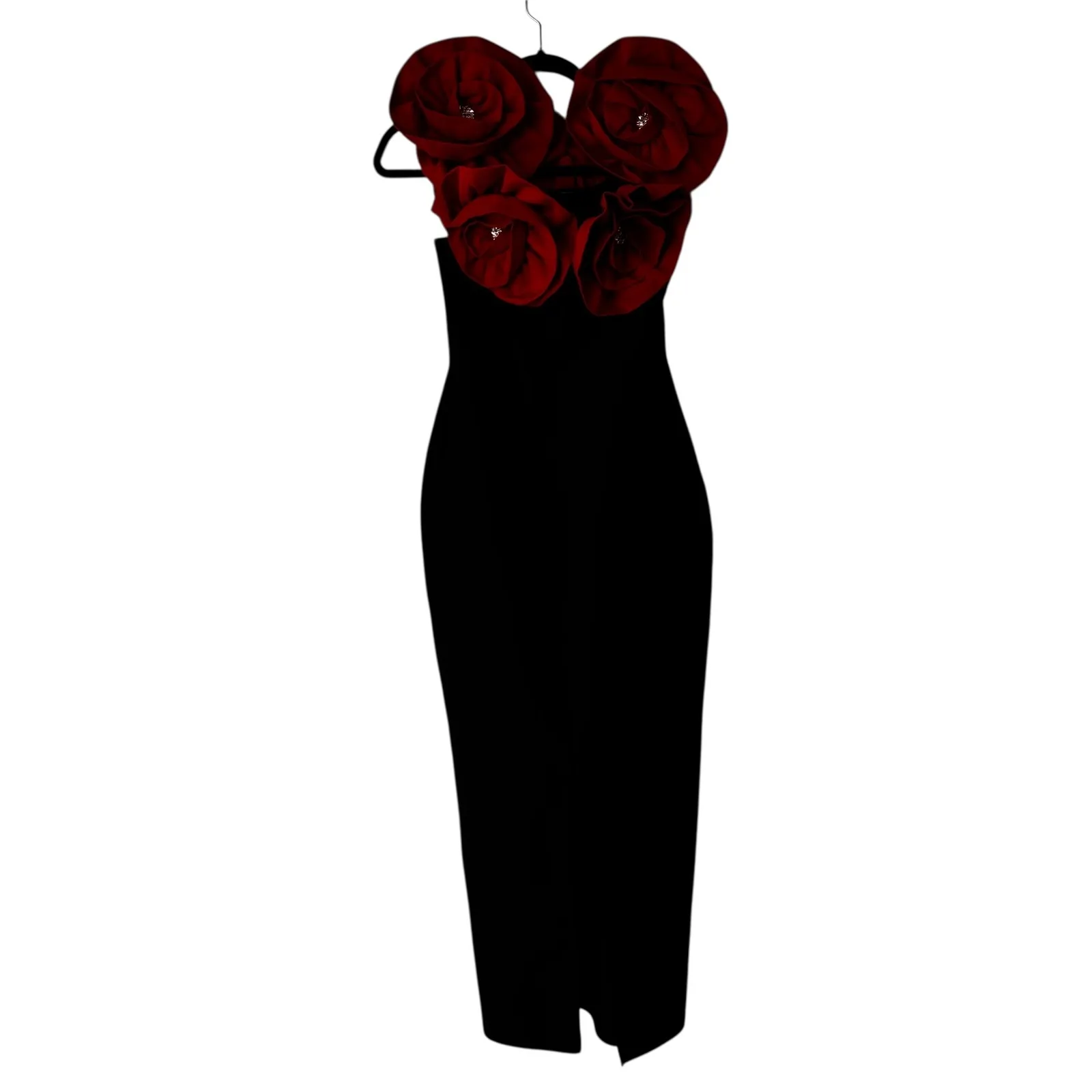 Stunning Black Off Shoulder Maxi Dress with Red Floral Appliques Evening Gown Size L - Image 2