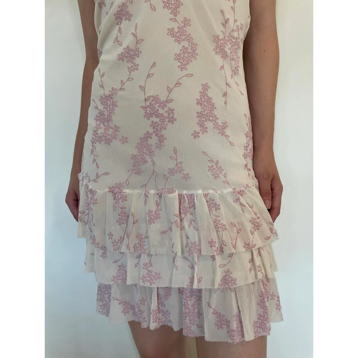Pearl Lace White and Pink Floral Flounce Mini Dress - Image 4