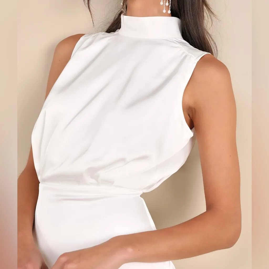 LULUS Classic Elegance White Satin Sleeveless Mock Neck Mini Dress Size Medium - Image 4