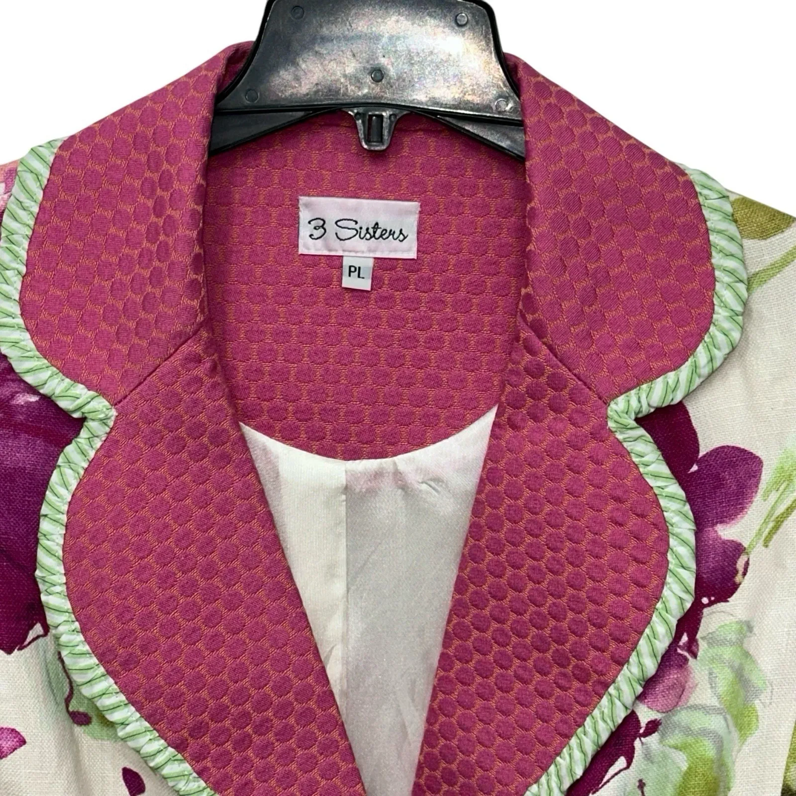 3 Sisters Floral‎ Cropped Jacket S Colorful Pink Green Poet Collar 100% Linen Size undefined - Image 2