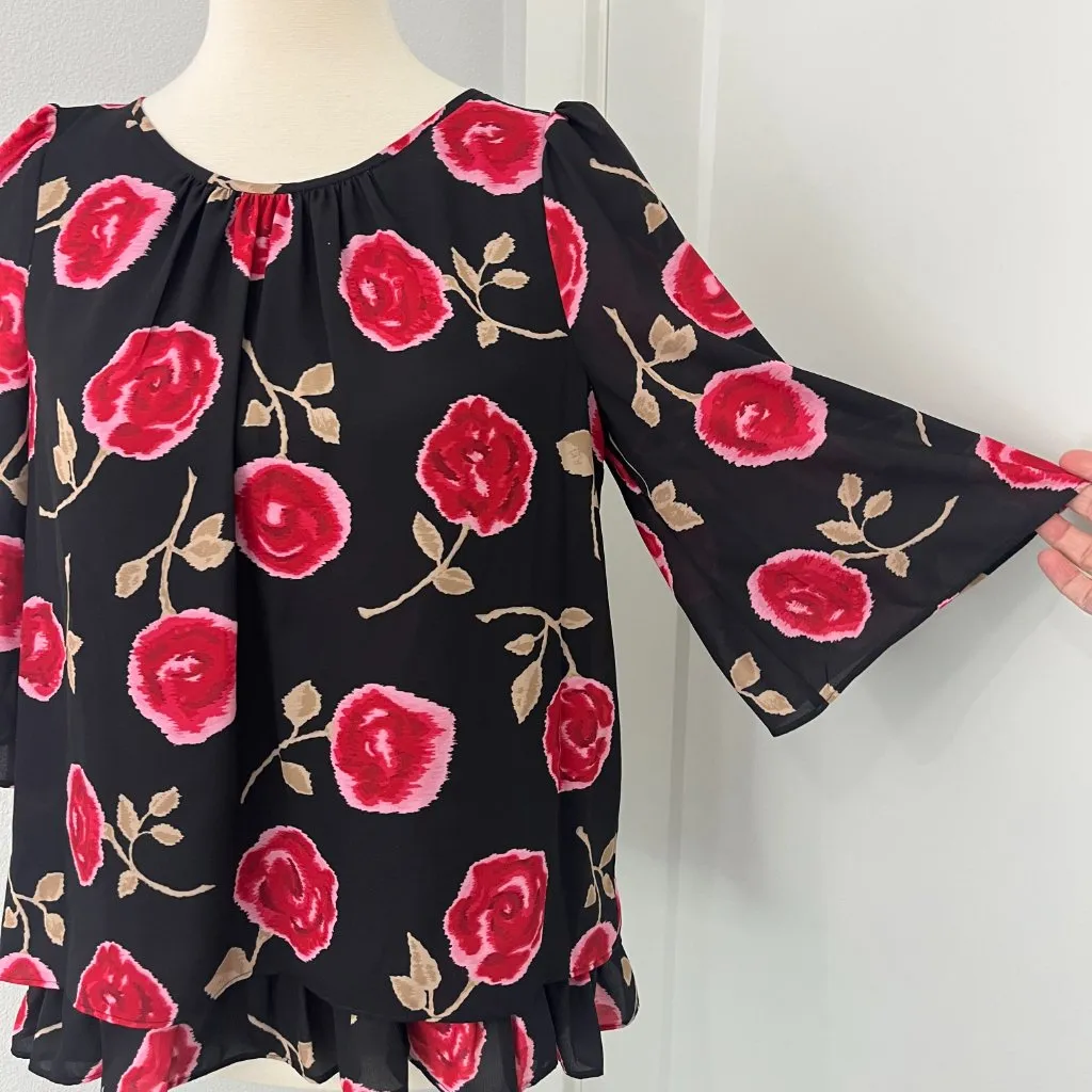 Kate Spade Small Black, Red, Pink Hazy Rose Layered Bell Sleeve Blouse Top - Image 5