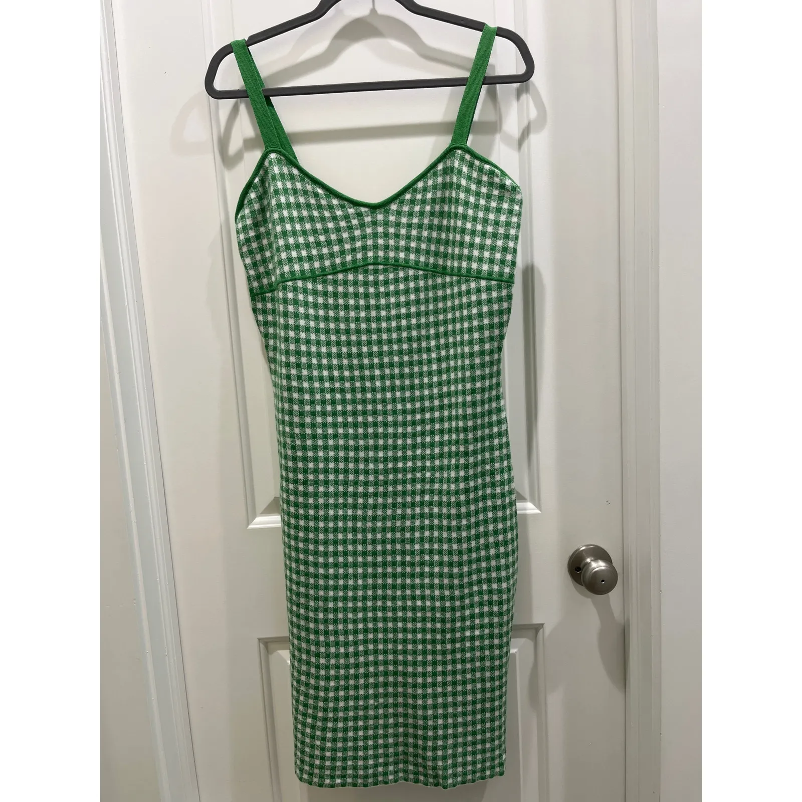 Anthropologie Maeve Gingham Green & White Knit Mini Mod Dress Sz M - Image 2