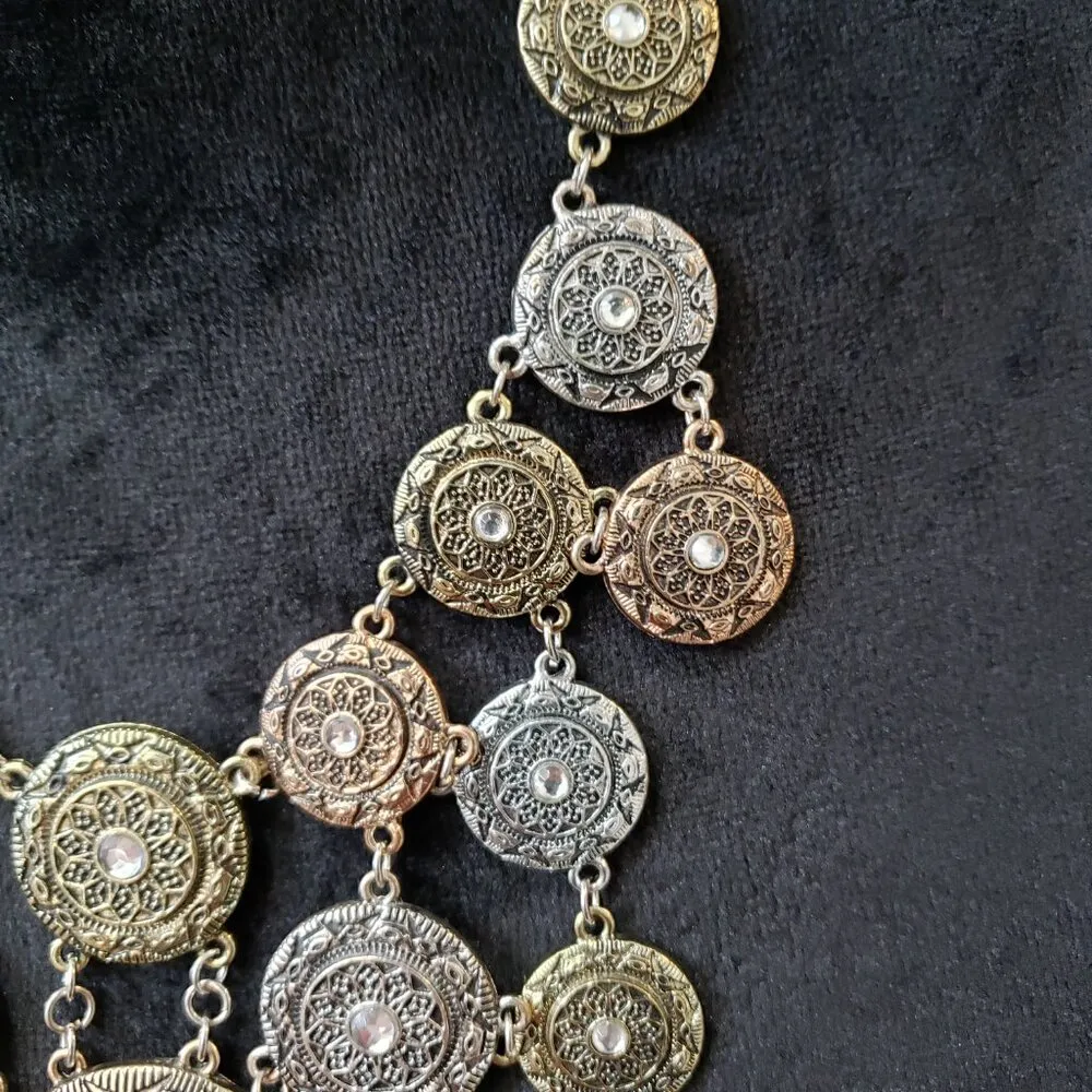 Womens Silver Gold Medallion Pendant Rhinestone Copper Tone Bib Necklace - Image 4