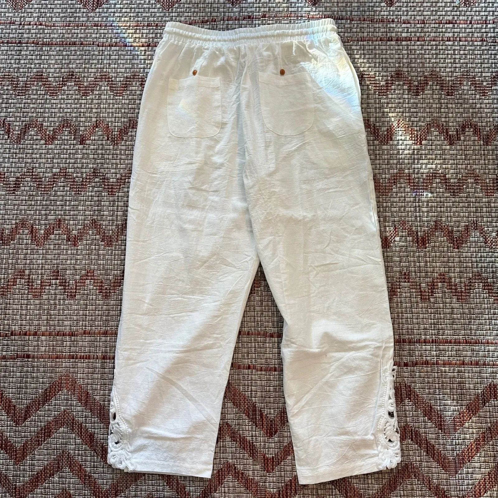 Women's White Cotton Lace Trim Cropped Drawstring Waist Pants, Size L Size L - Image 2