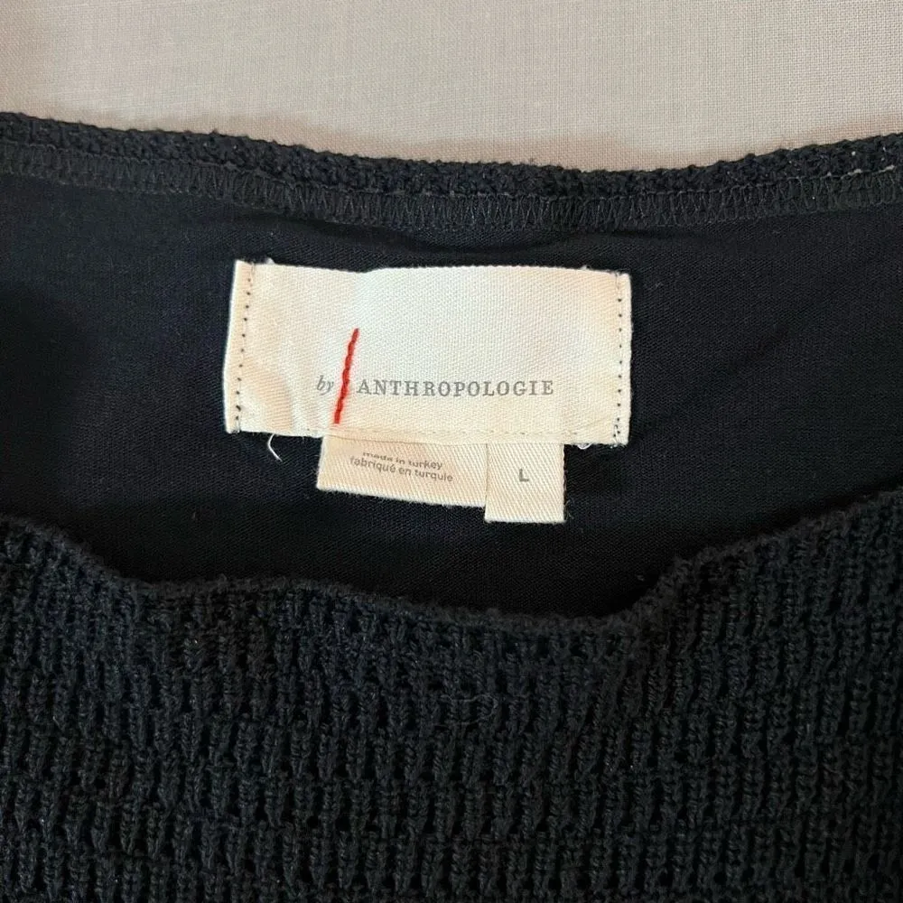 Anthropologie Pointelle Ruffled Butterfly Sleeve Black Knit Mini Crochet Dress L - Image 9