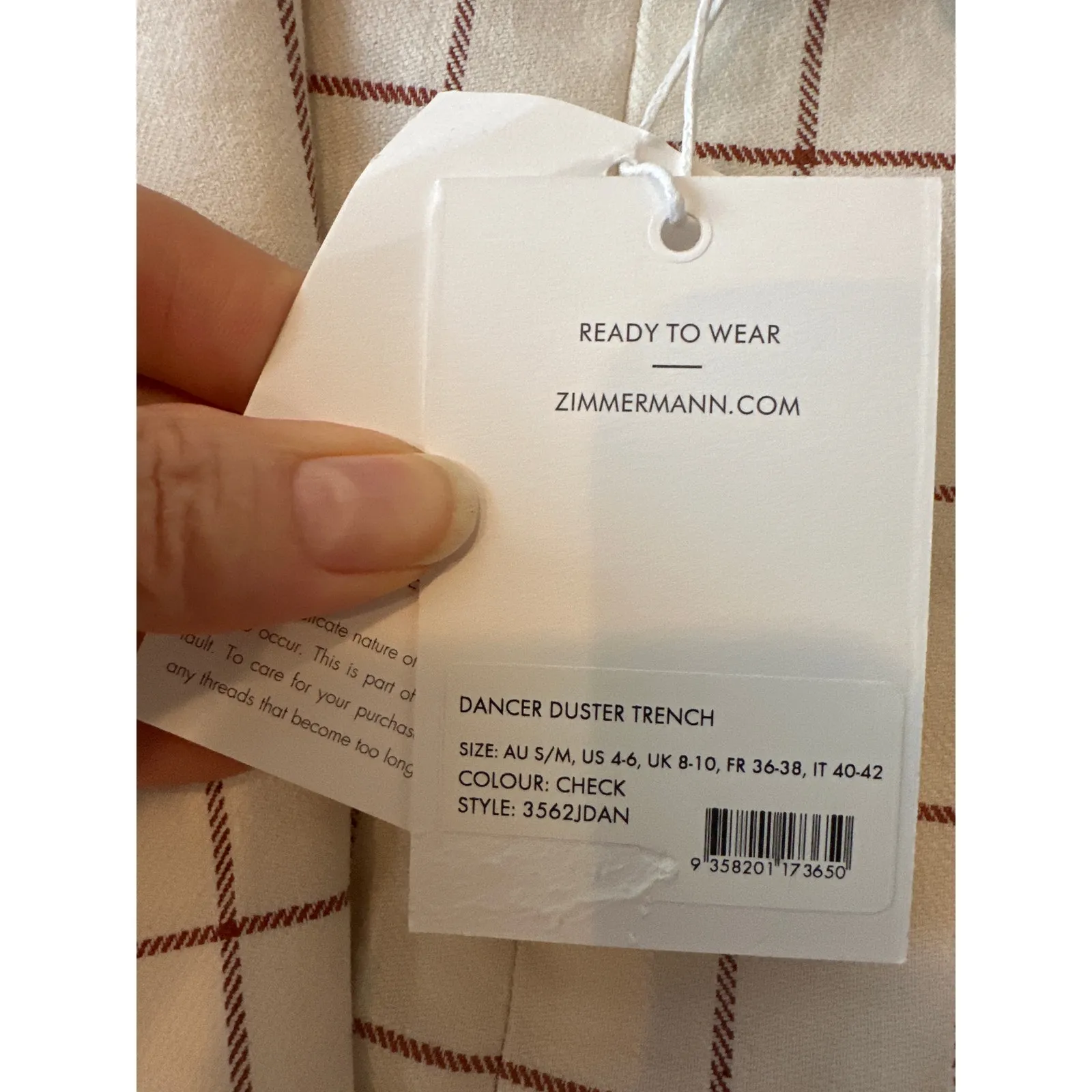 Zimmermann NWT Dancer Duster Trench Coat Ivory Check S/M $1735 - Image 6