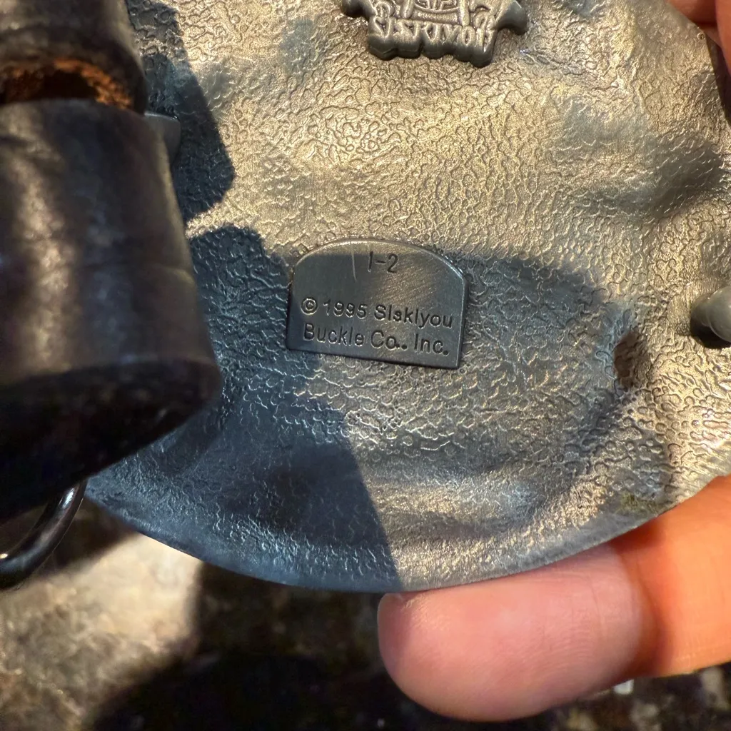 Siskiyou Vintage 1995 Bear Baw Silver Belt Buckle Black Leather Belt‎ 41” - Image 5