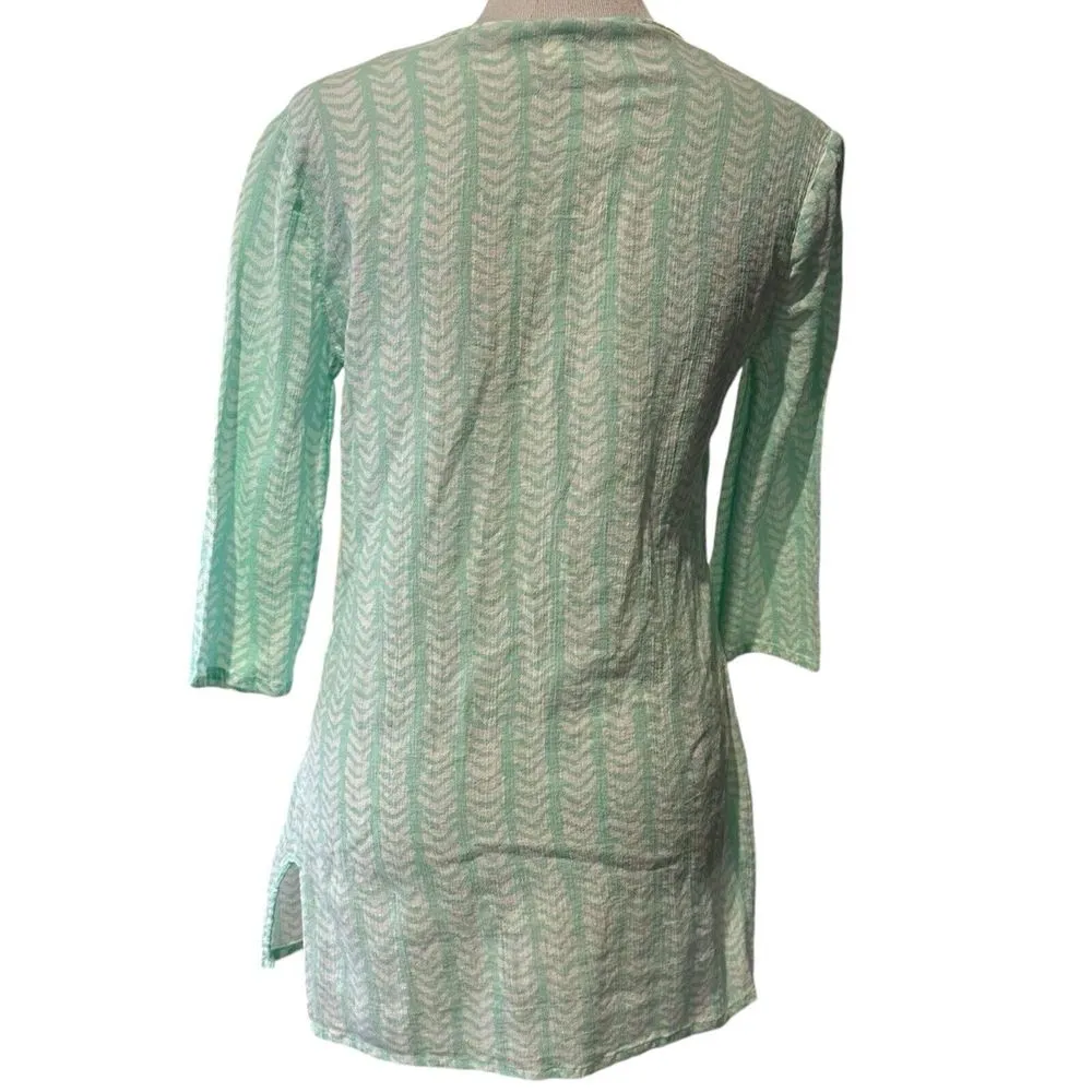 J. Crew Crinkle Tunic Top Size XS Green White V‎ Neck BOHO Coastal Beach - Image 4