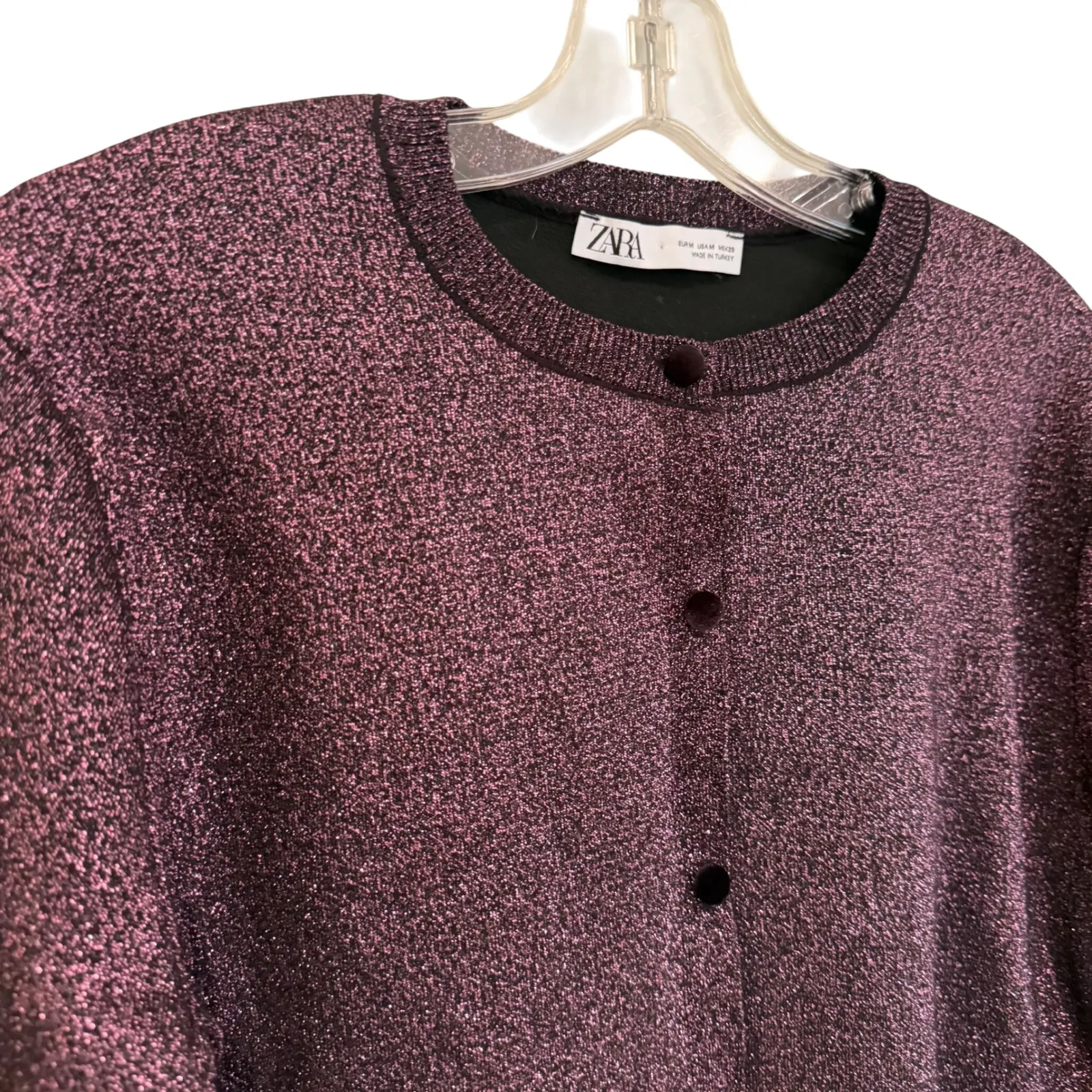 Zara Metallic Knit Cardigan Women's‎ Medium Purple Party Cropped Holiday Glam - Image 3