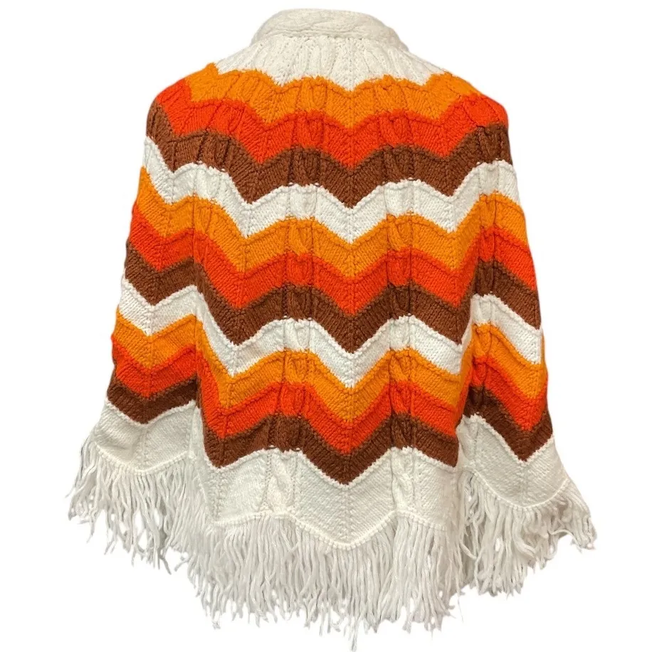 70's Groovy Knit Shawl Poncho Button Wrap Zig Zag Chevron Pattern Fringe Size S Orange - Image 4