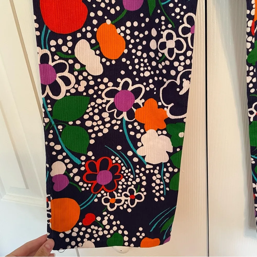Vtg 60s 70s Kahala Abstract Floral Print Straight Wide Crop Pants Sz XS Blue - Image 8