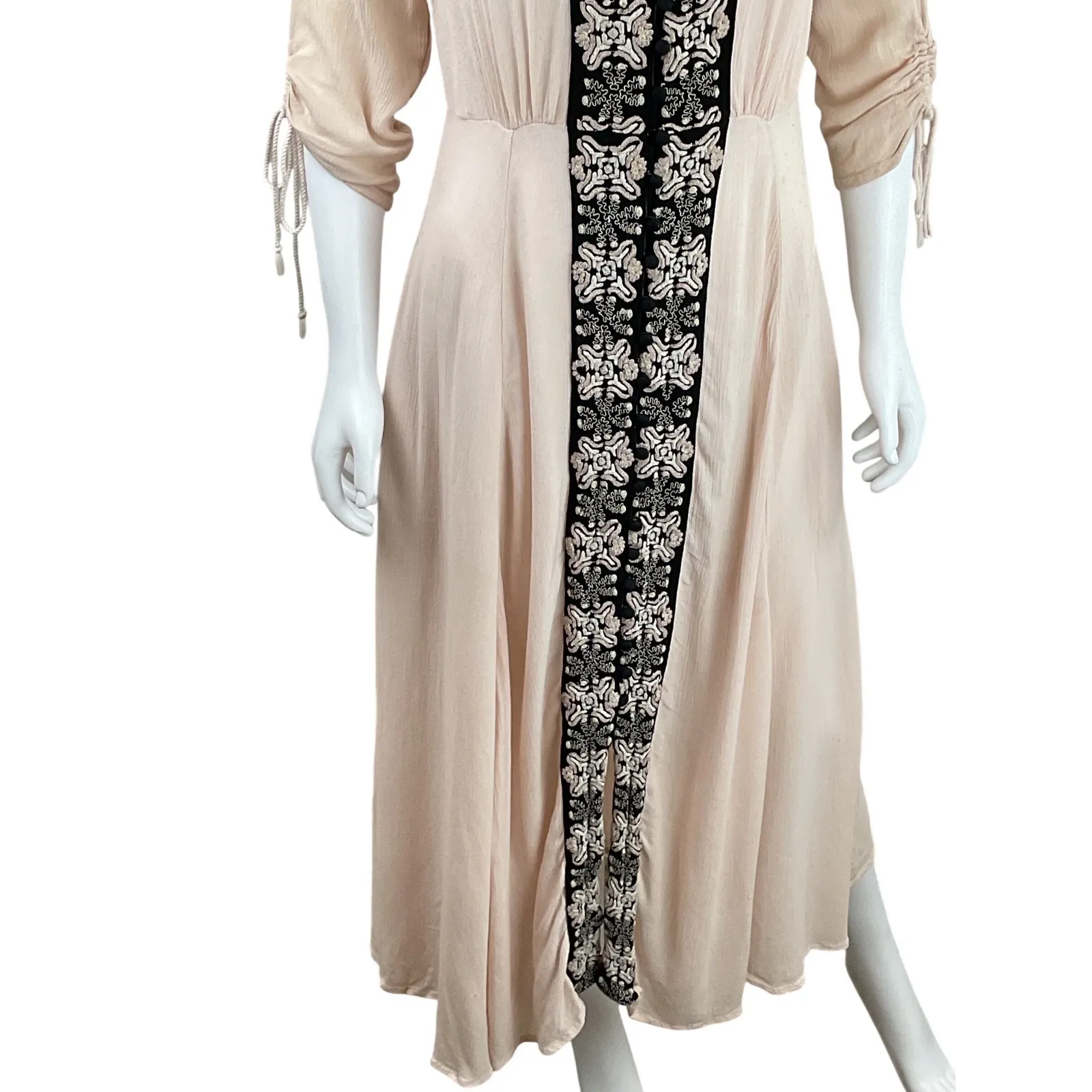 Free People Sheer Embroidered Maxi Dress Peach V Neck 3/4 Sleeve Bohemian size 8 - Image 5