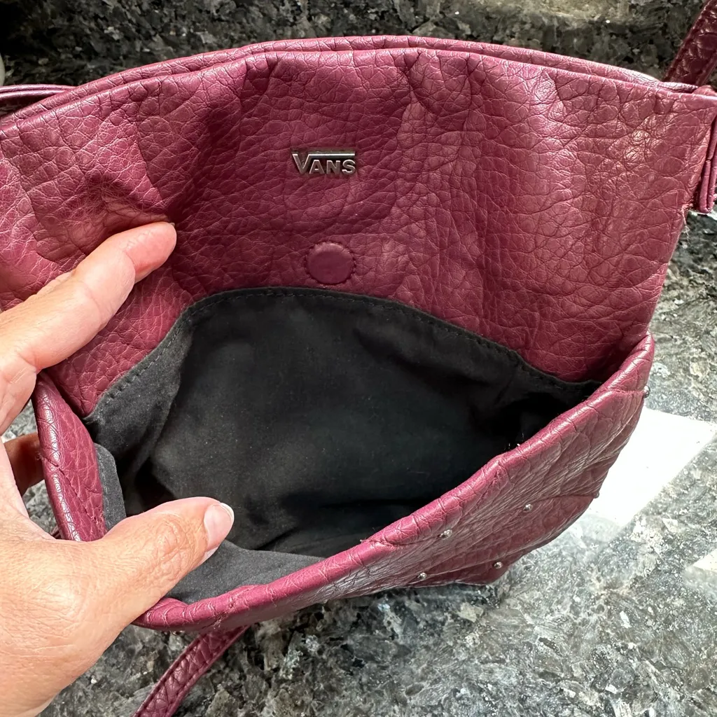 Vans Off The Wall Y2K Quilted Burgundy Vegan Faux Leather Studded Crossbody Bag - Image 2