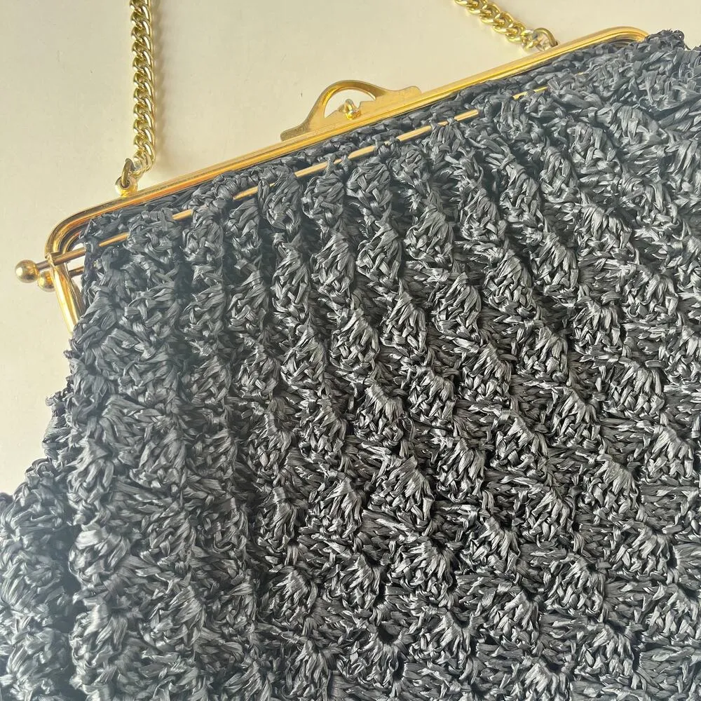 Macrame or Knit Strawy Weave Evening Bag Purse Black Gold Chain Retro Glam - Image 10