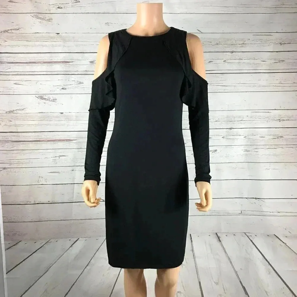 THREE DOTS Black Long Sleeve Cold Shoulder Sheath Dress SMALL - Image 6