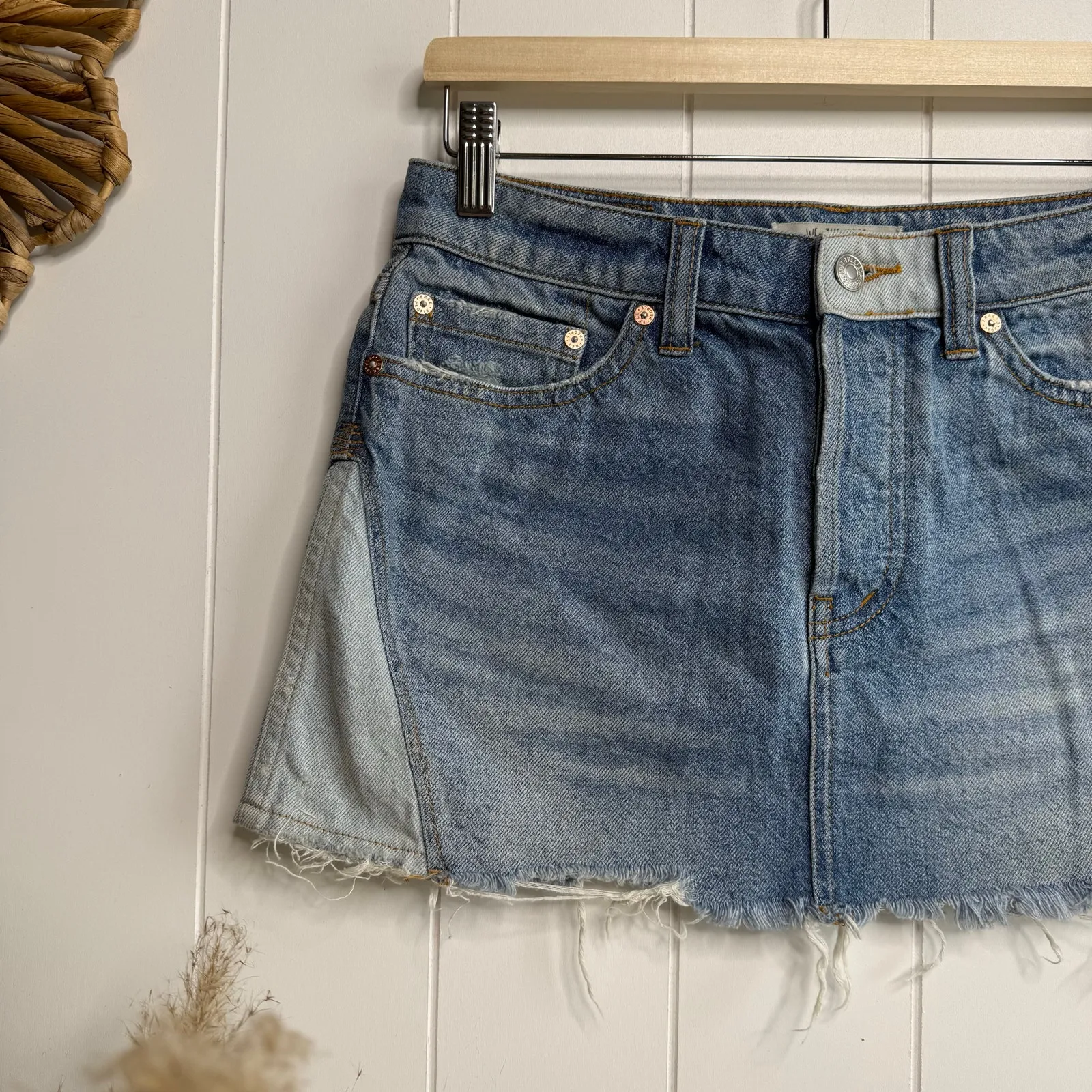 Free People mini skirt denim patched boho summer casual 26 - Image 2