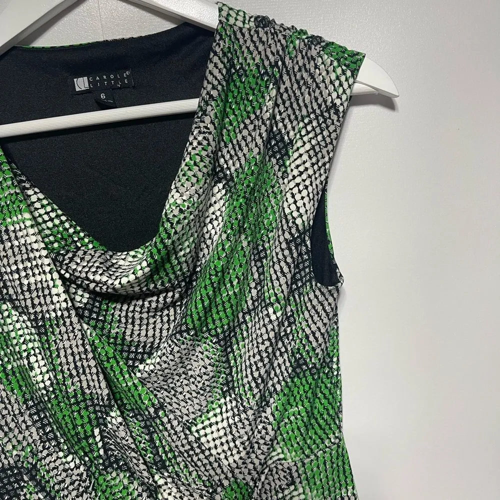 Flattering Geometric Faux Wrap Dress Sleeveless Black Green White Stretchy Sz 6 - Image 13