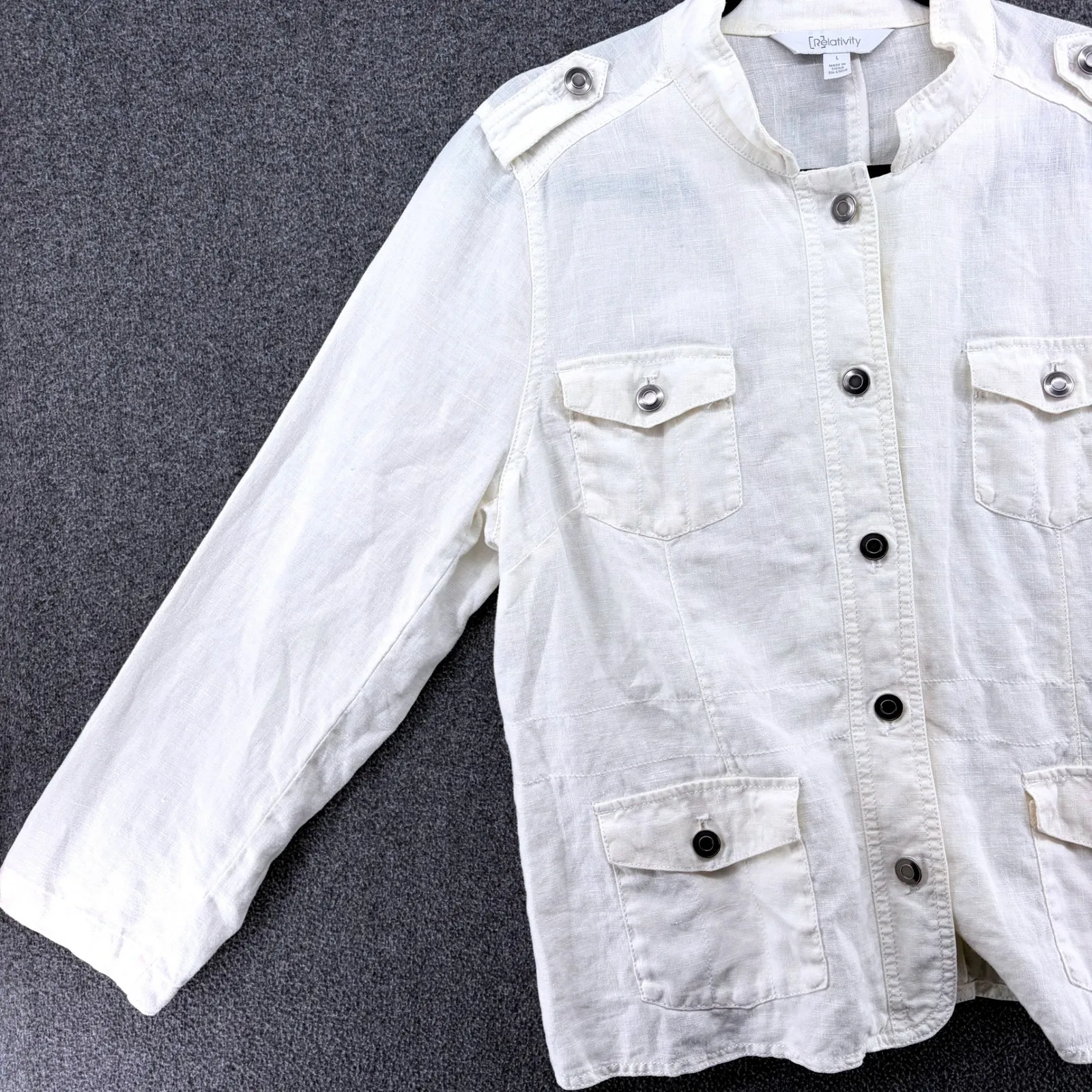Relativity Women's Linen Utility Jacket Off White Button Down Collar Large - Image 4