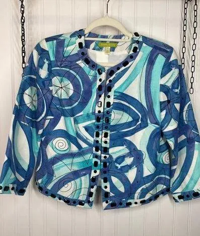Sigrid Olsen Blue Printed Beaded Jacket Short Linen Blend Career Workwear Size 4 - Image 1