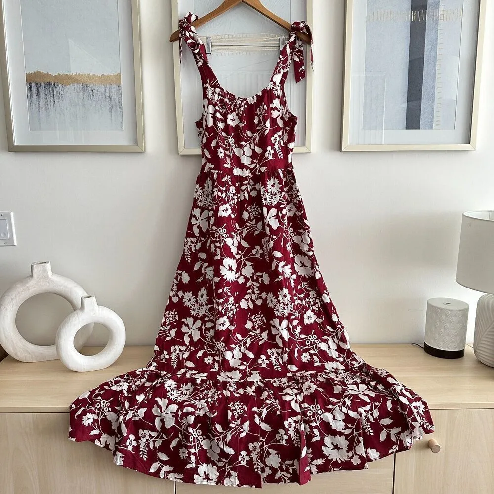 Outerknown Floral Maxi Dress Womens Small Cotton Silk Red White Pockets NWOT - Image 8