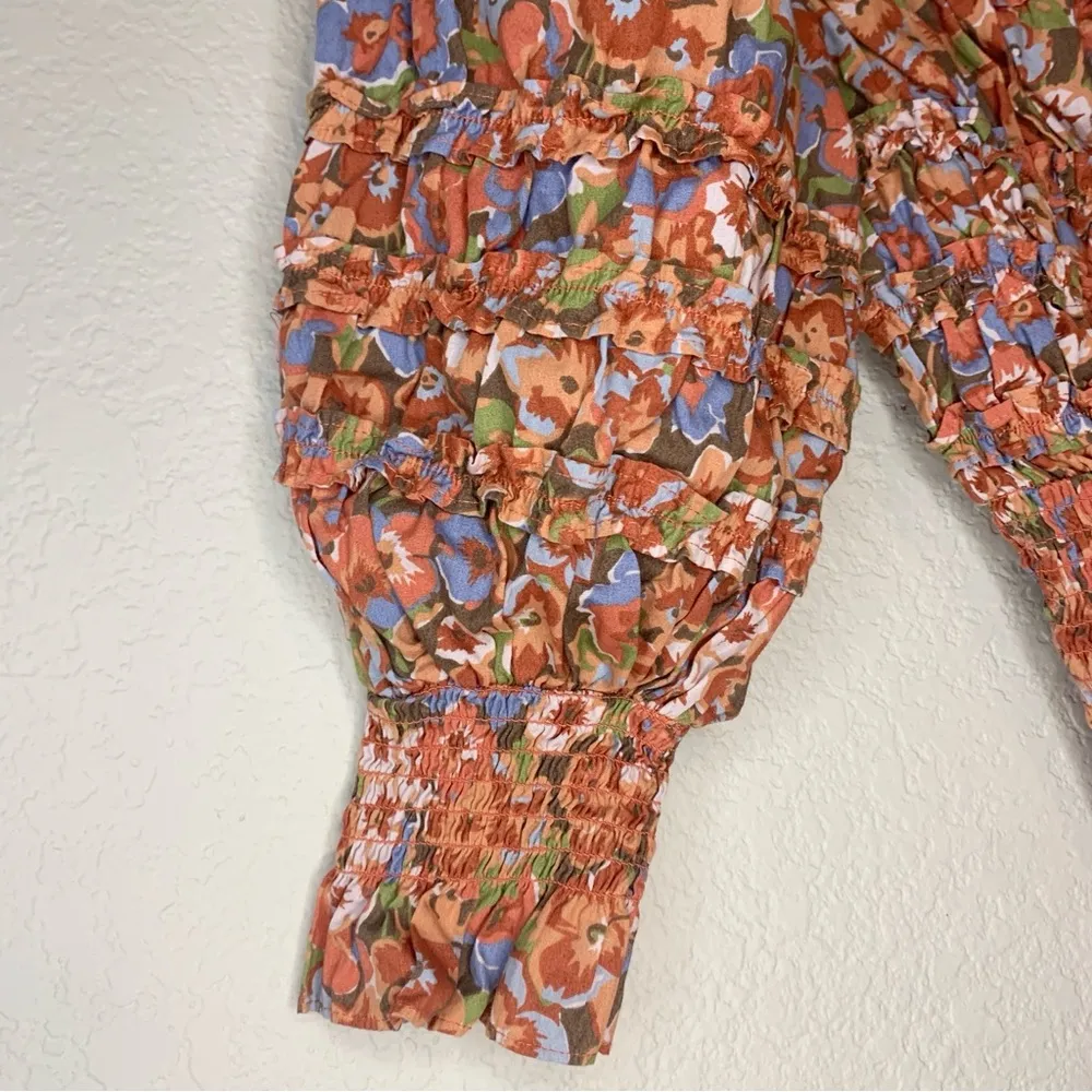 House of Harlow 1960 Orange Floral Charisma Blouse Smocked Puff Sleeve Size S - Image 6