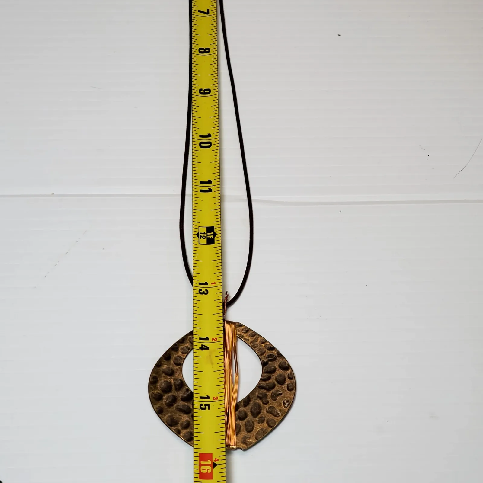 Round Thin Hammered Brass Copper Wire Wrapped Large Pendant 26" Unsigned - Image 6