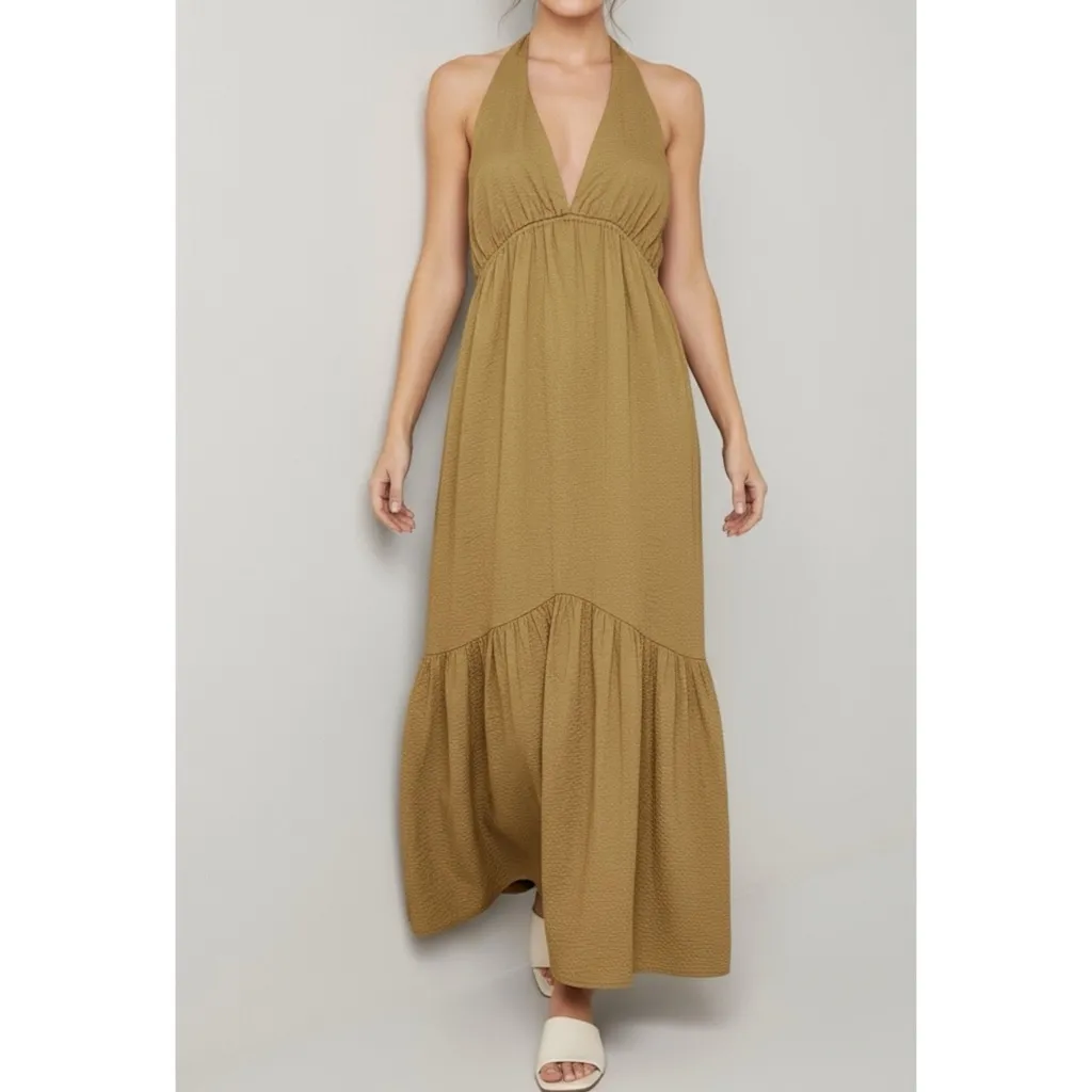 MARYSIA Backless Seashell Embellished Seersucker Halterneck Dress,Caramel, Large Brown - Image 2