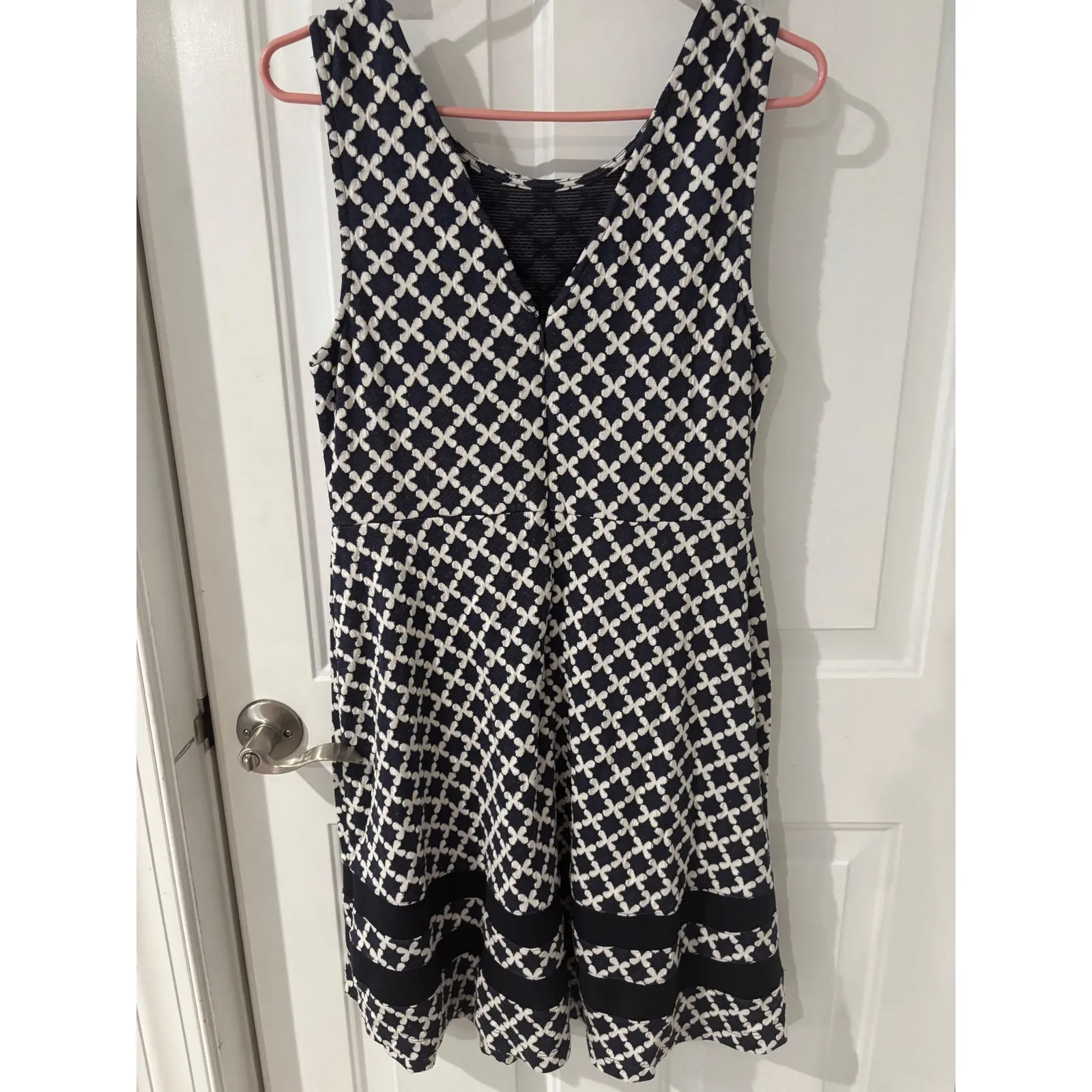 Sleeveless Fit & Flare Dress Navy Blue White Print Casual - Image 3