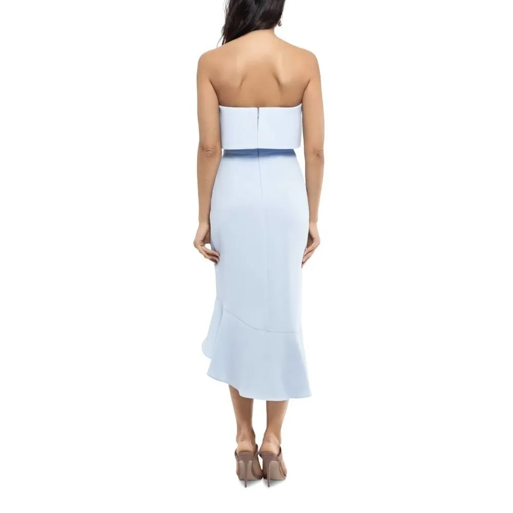 Xscape‎ Womens Dress Midi Strapless Ruffle Hi-Lo A-Line Bustier Crepe Blue 14 - Image 5