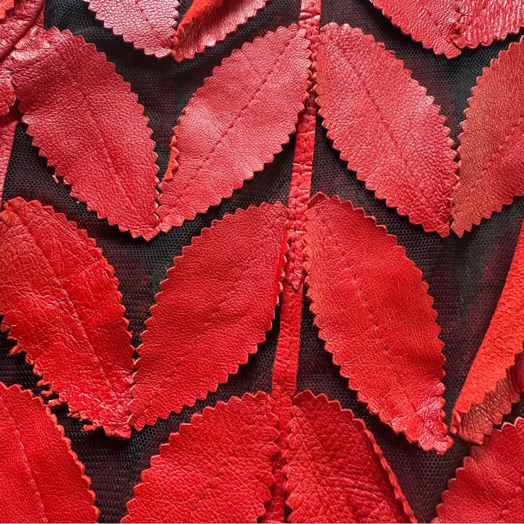 ECHT  Leder Vtg Red Leather cutout Leaves on Netting Jacket Sz M Medium Blazer - Image 7